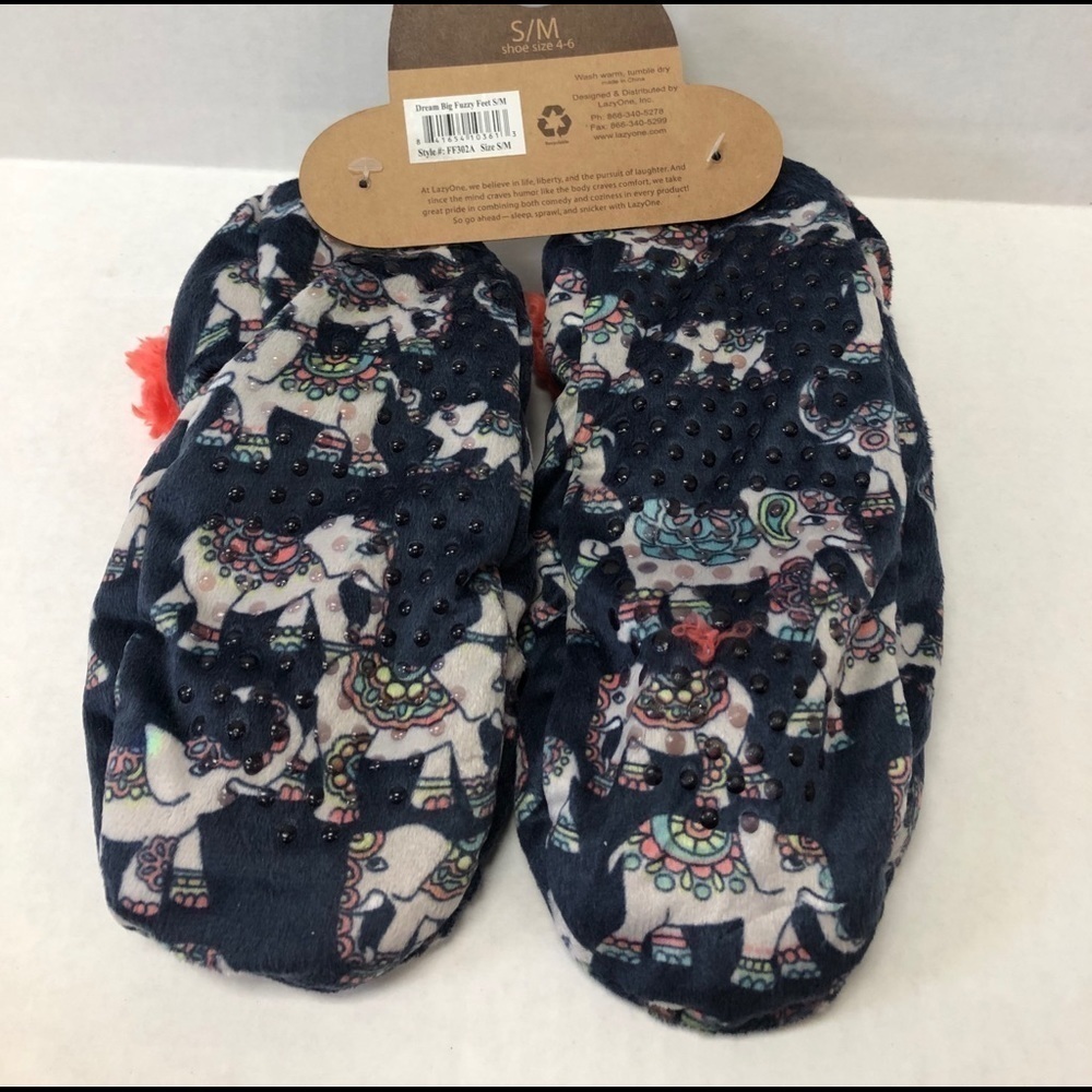33. Lazy One Fuzzy Feet Slippers Blue with Elephants - Picture 2 of 3